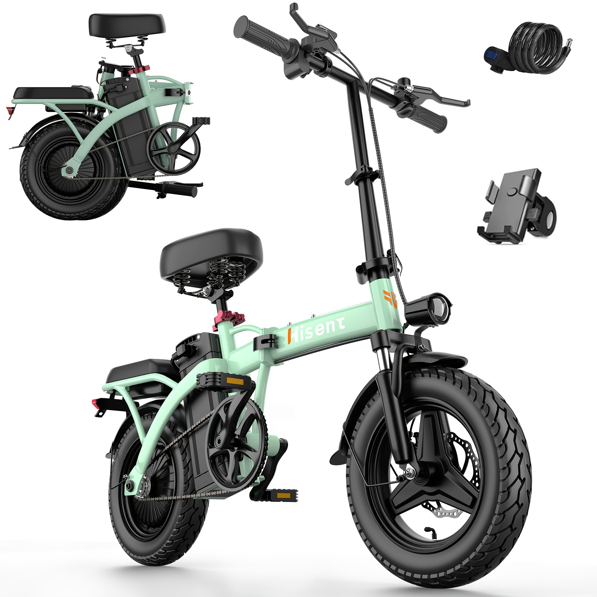 Hisent Folding Electric Bicycle | Dual Suspension System | Upgraded Steel Frame | 5-42 Mile Range (Optional | with Dual Seats, LED Headlight, and Disc Brakes, 14-inch Tires, 500W Rated Power, Speed 16-19 Mph)