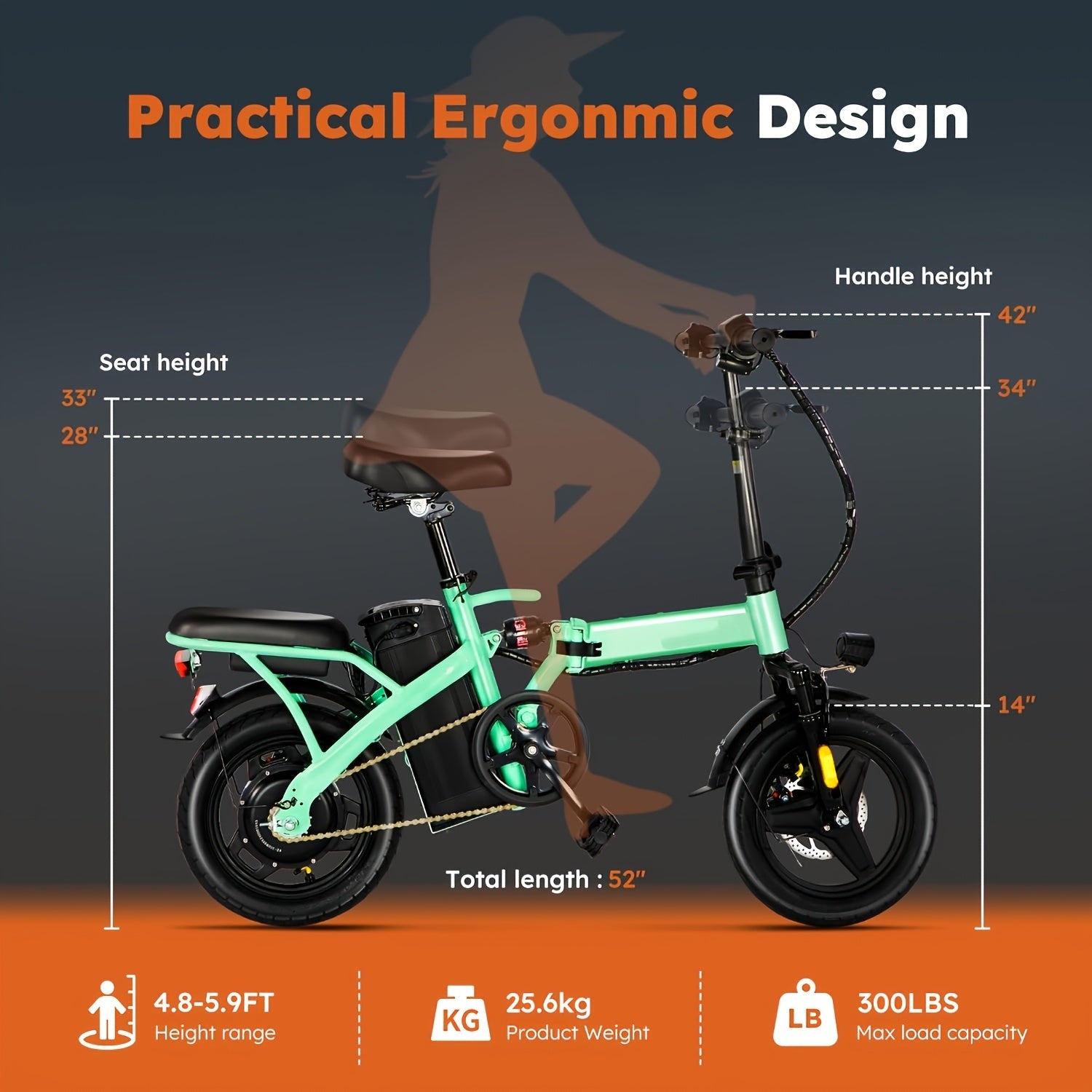 Green Compact Folding Electric Bike - Strong Motor, 48V 14-Inch Wheels, Ideal for Commuting, Lightweight, Durable Battery, Electric Bike, 14-Inch Electric Cycle, Portable Electric Cycle, Compact Electric Cycle