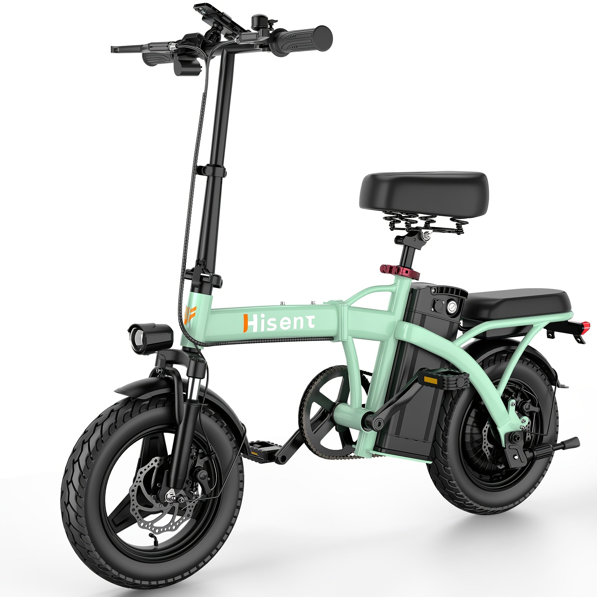 Hisent Folding Electric Bicycle | Dual Suspension System | Upgraded Steel Frame | 5-42 Mile Range (Optional | with Dual Seats, LED Headlight, and Disc Brakes, 14-inch Tires, 500W Rated Power, Speed 16-19 Mph)