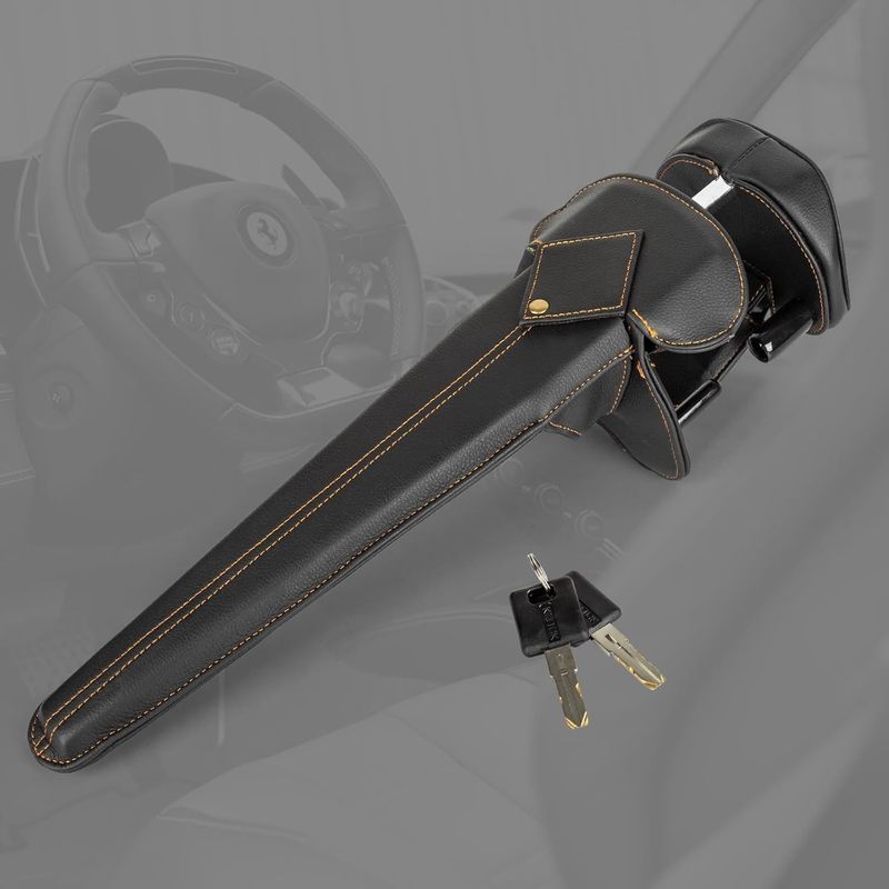 Vechkom Car Steering Wheel Lock Anti Theft Device Adjustable with 2 Keys - Leather Cover & Reinforced Steel Core Fits Vehicle Truck Van SUV Theft Deterrent Scratch-Resistant Tamper-Proof Design Black
