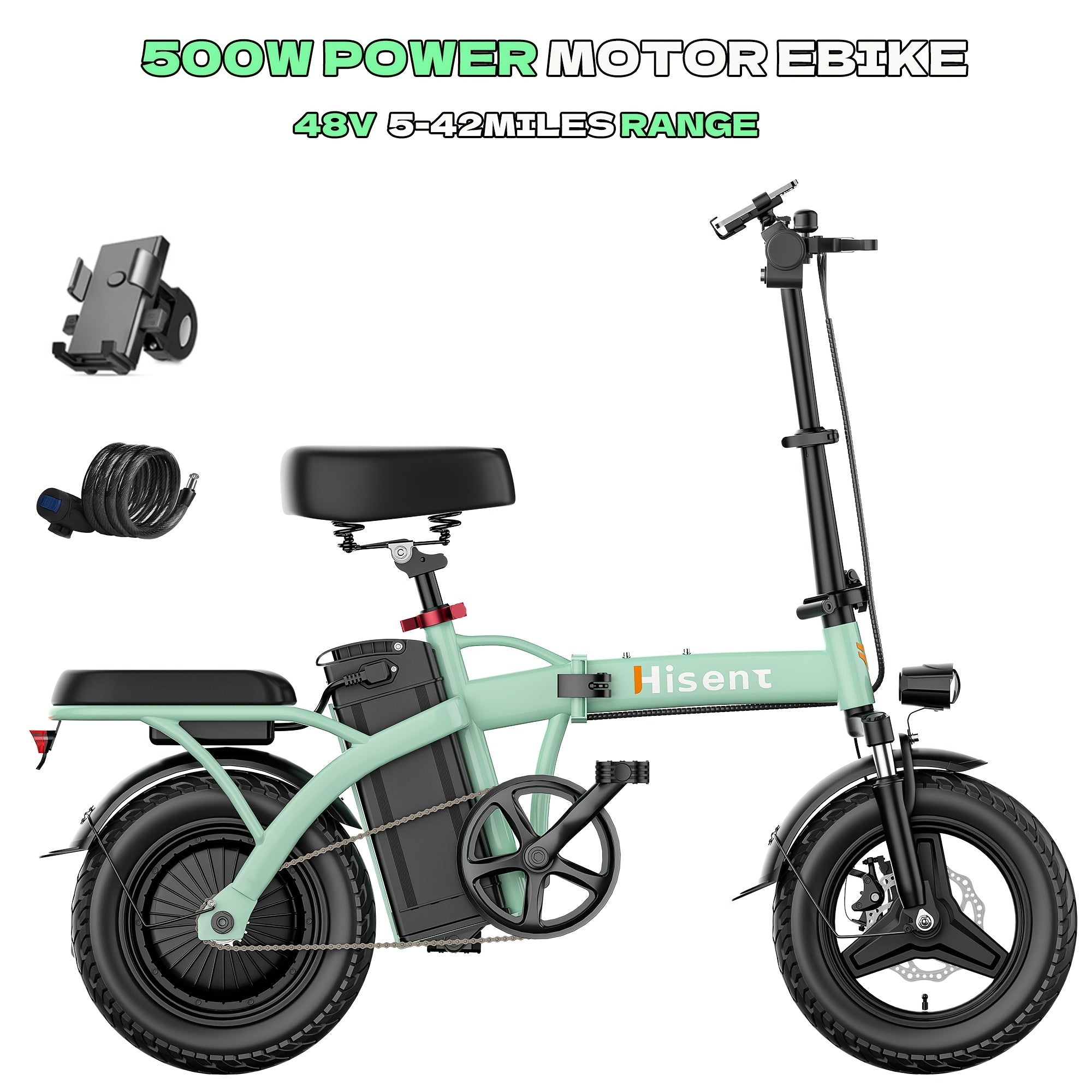 Hisent Folding Electric Bicycle | Dual Suspension System | Upgraded Steel Frame | 5-42 Mile Range (Optional | with Dual Seats, LED Headlight, and Disc Brakes, 14-inch Tires, 500W Rated Power, Speed 16-19 Mph)