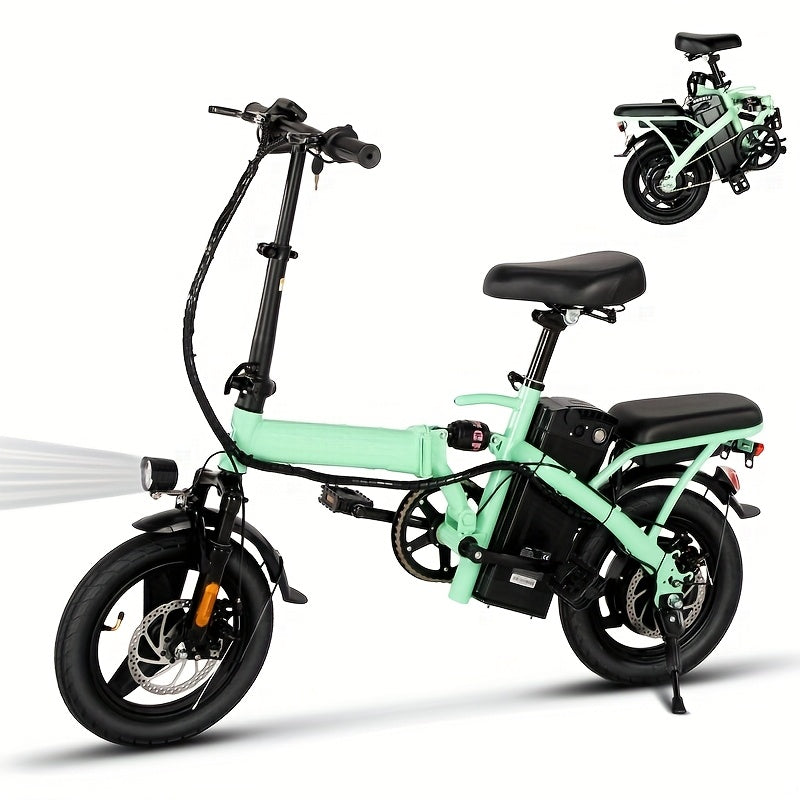 Green Compact Folding Electric Bike - Strong Motor, 48V 14-Inch Wheels, Ideal for Commuting, Lightweight, Durable Battery, Electric Bike, 14-Inch Electric Cycle, Portable Electric Cycle, Compact Electric Cycle