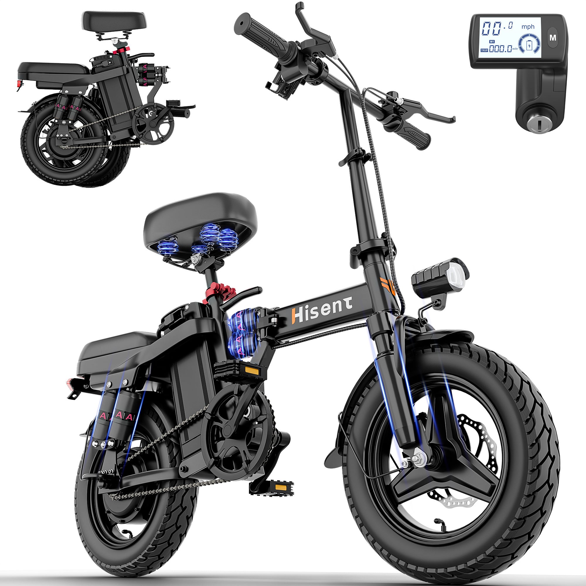 Hisent Folding Electric Bicycle | Dual Suspension System | Upgraded Steel Frame | 5-42 Mile Range (Optional | with Dual Seats, LED Headlight, and Disc Brakes, 14-inch Tires, 500W Rated Power, Speed 16-19 Mph)