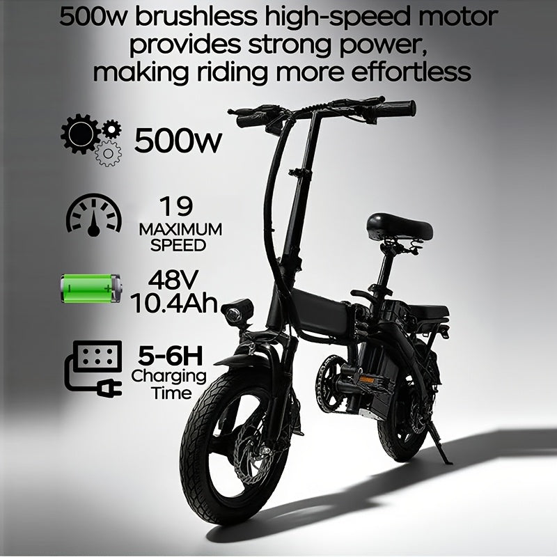 14-inch Lightweight Folding Electric Bicycle, 330 Pound Load-bearing Capacity, 19Mph, 18-28mile Range, 48V Lithium Battery, Front Headlight & Disc Brake, Alloy Steel Frame, City Commuting, Sturdy Structure,,, Suitable for Gifting