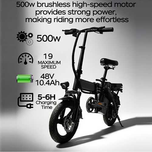 14-inch Lightweight Folding Electric Bicycle, 330 Pound Load-bearing Capacity, 19Mph, 18-28mile Range, 48V Lithium Battery, Front Headlight & Disc Brake, Alloy Steel Frame, City Commuting, Sturdy Structure,,, Suitable for Gifting
