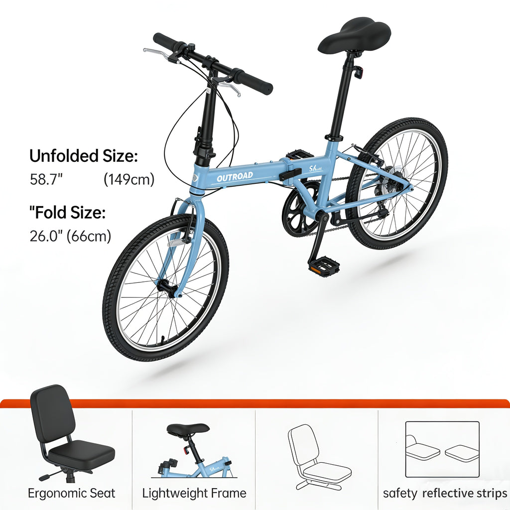 20-inch Folding Bicycle, 7-speed Lightweight Folding Bike, Urban Commuter Bicycle, V-brake Adjustable Handlebars, Unisex for Men\u002Fwomen, Available In Black, White, Blue, And Pink.