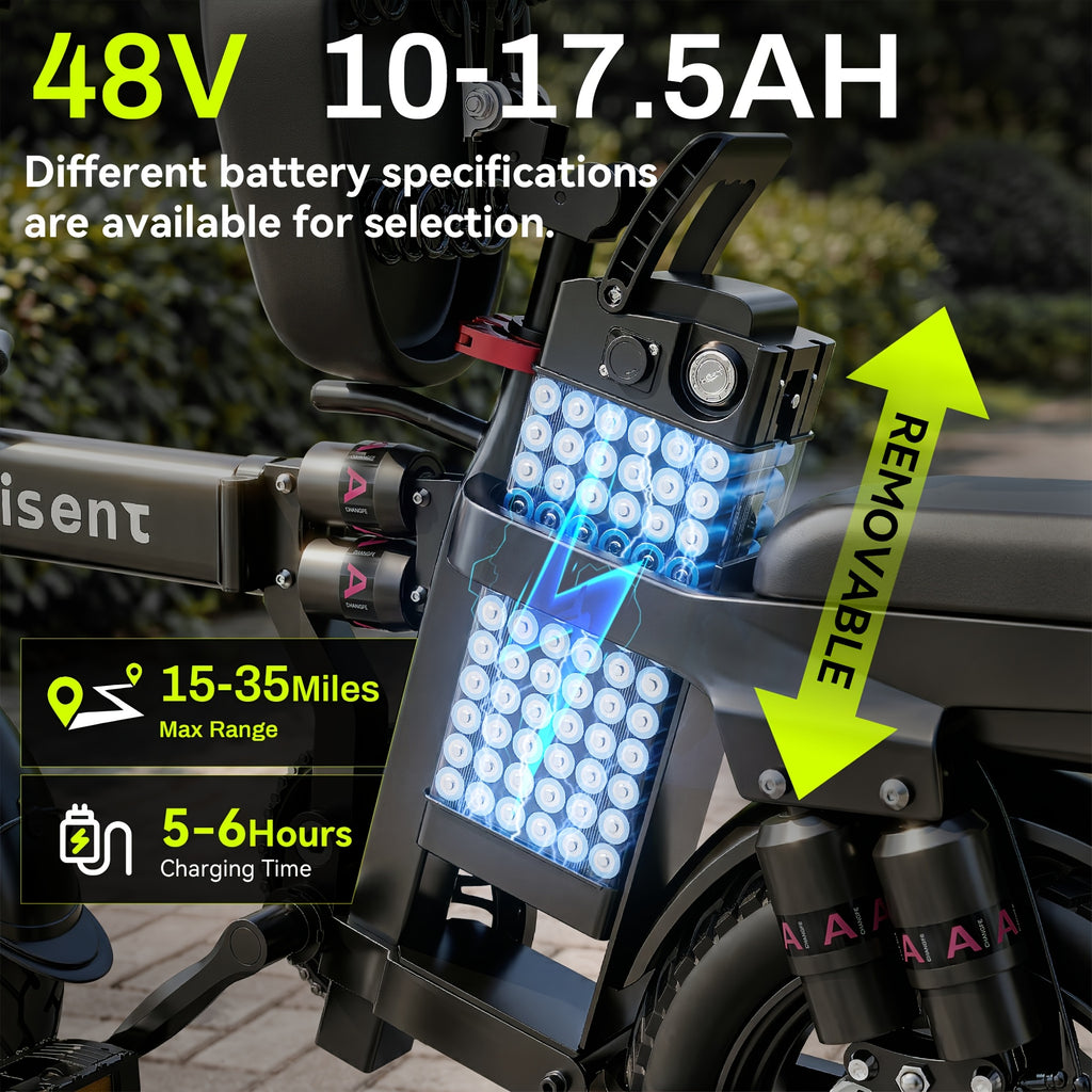 Hisent Folding Electric Bicycle, 500W Brushless Motor, Speed 16-19Mph, Dual Suspension System, Full Shock Absorption, Upgraded Steel Frame, 48V 10AH-17.5AH Battery(Optional), 15-35 Miles Range, 14-Inch High-Quality Tires, with Double Seats