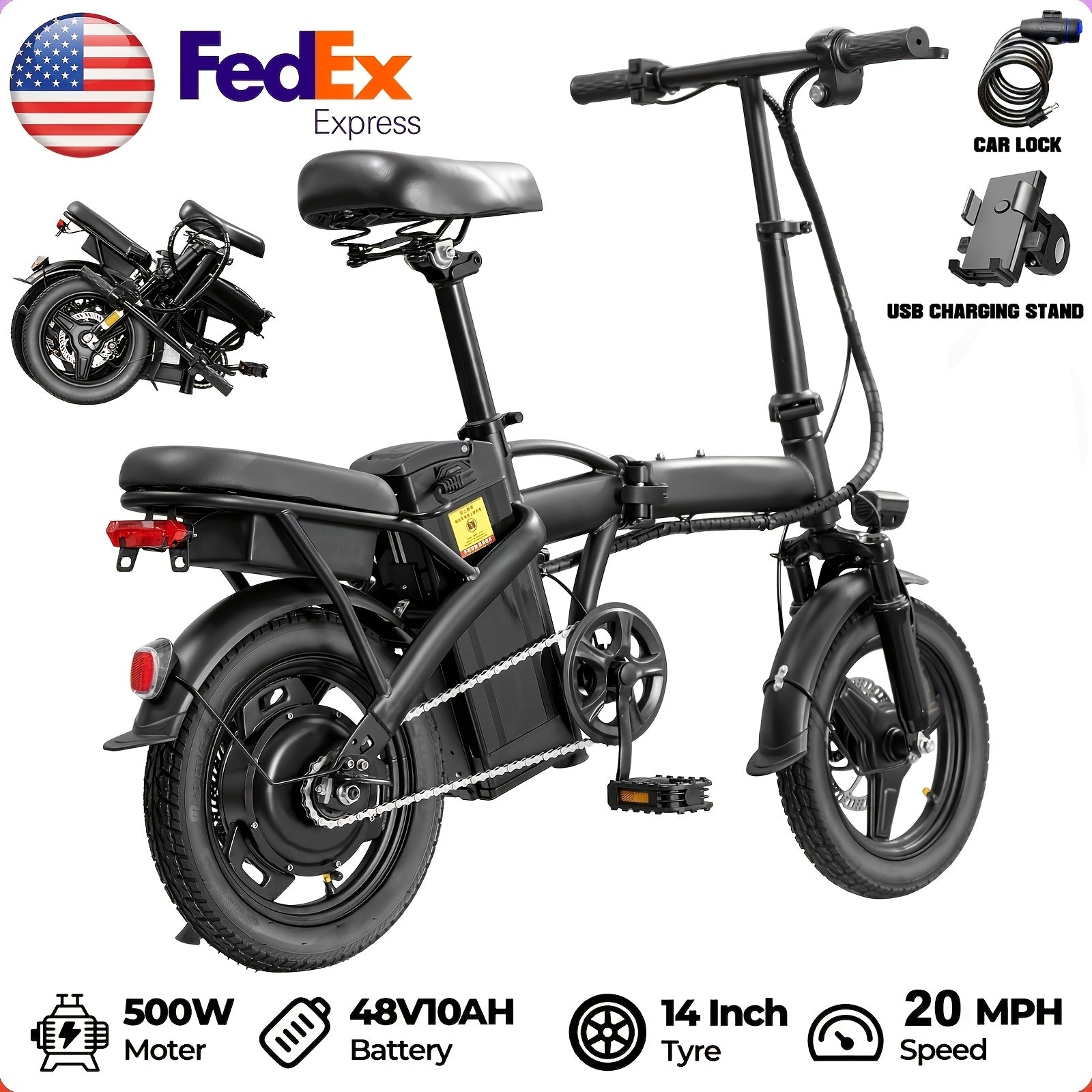 High Performance Adult Electric Bicycle, Portable Design Foldable Electric Bicycle, 500W Motor And 48V 10Ah Battery, 16-24 Mph Speed, Dual Disc Brakes, 14 Inch Electric Bicycle With Pedals, Suitable Gift For Teenagers