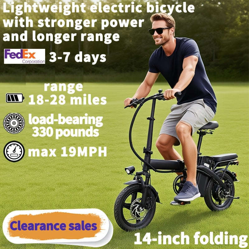 14-inch Lightweight Folding Electric Bicycle, 330 Pound Load-bearing Capacity, 19Mph, 18-28mile Range, 48V Lithium Battery, Front Headlight & Disc Brake, Alloy Steel Frame, City Commuting, Sturdy Structure,,, Suitable for Gifting