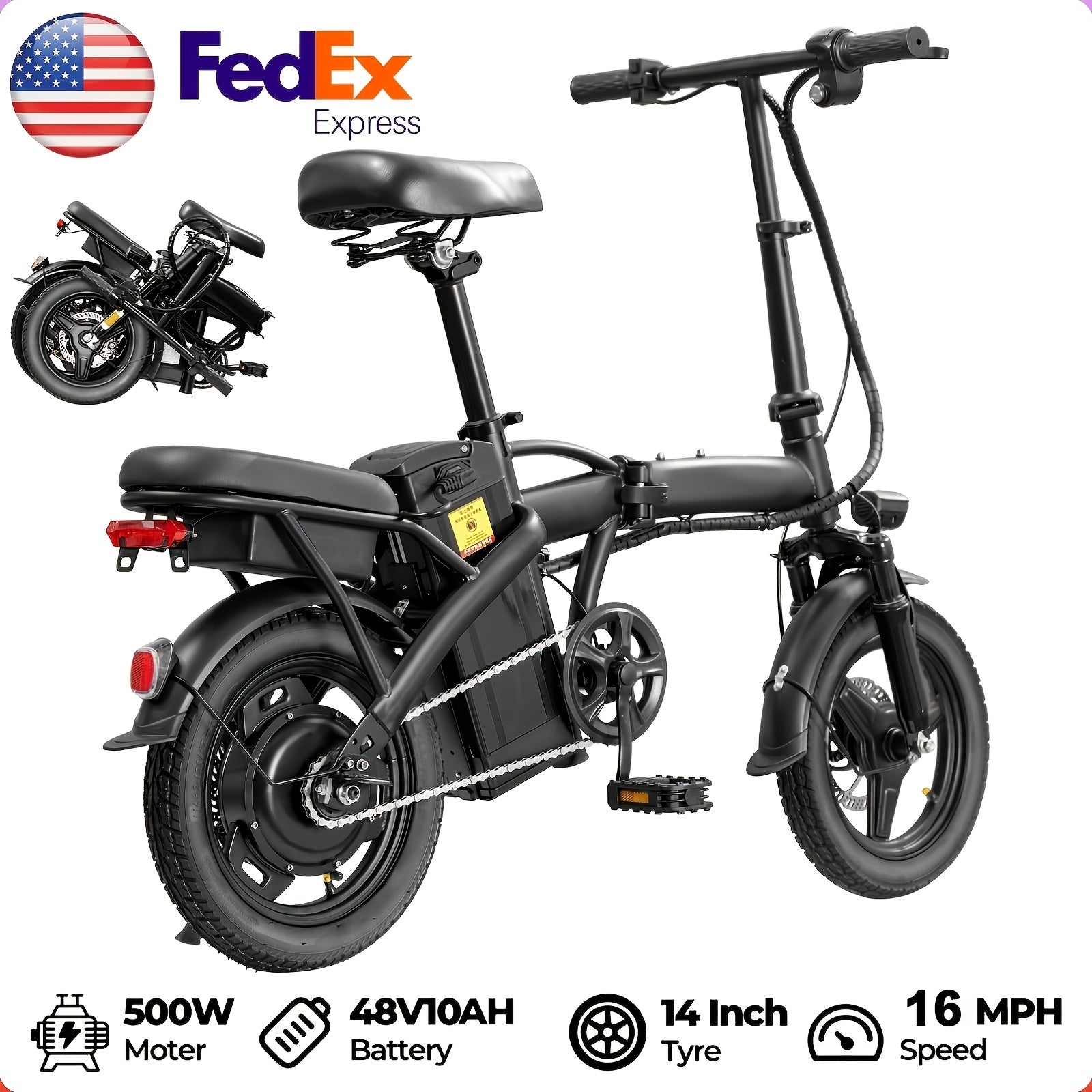 High Performance Adult Electric Bicycle, Portable Design Foldable Electric Bicycle, 500W Motor And 48V 10Ah Battery, 16-24 Mph Speed, Dual Disc Brakes, 14 Inch Electric Bicycle With Pedals, Suitable Gift For Teenagers