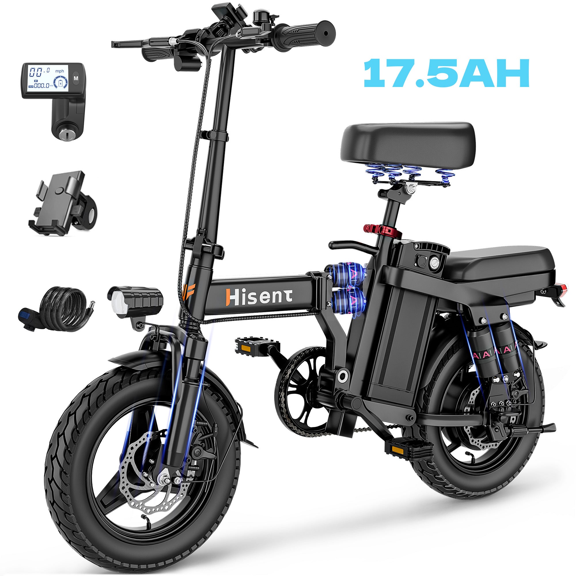 Hisent Folding Electric Bicycle, 500W Brushless Motor, Speed 16-19Mph, Dual Suspension System, Full Shock Absorption, Upgraded Steel Frame, 48V 10AH-17.5AH Battery(Optional), 15-35 Miles Range, 14-Inch High-Quality Tires, with Double Seats