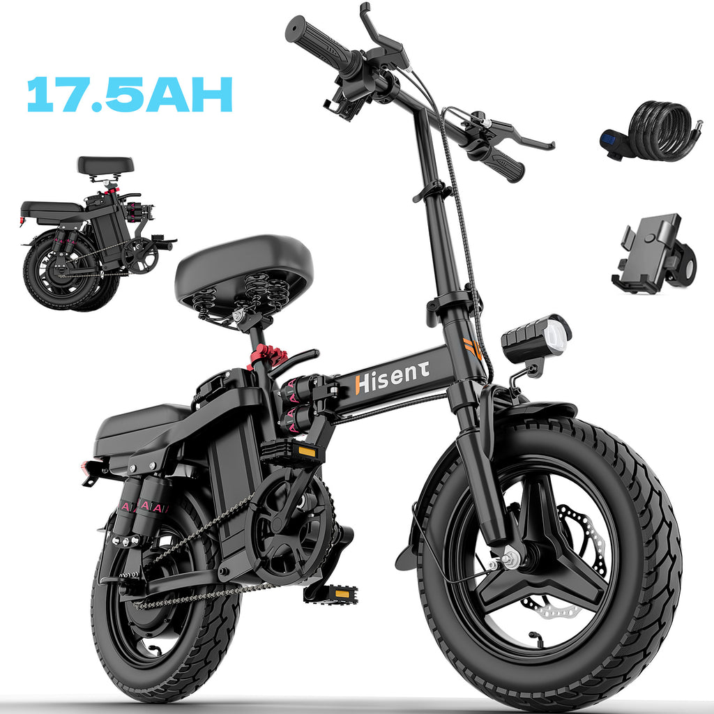 Hisent Folding Electric Bicycle, 500W Brushless Motor, Speed 16-19Mph, Dual Suspension System, Full Shock Absorption, Upgraded Steel Frame, 48V 10AH-17.5AH Battery(Optional), 15-35 Miles Range, 14-Inch High-Quality Tires, with Double Seats
