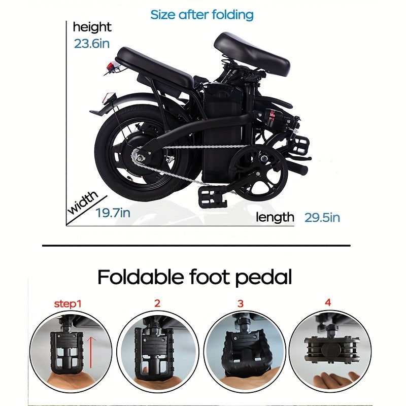 14-inch Lightweight Folding Electric Bicycle, 330 Pound Load-bearing Capacity, 19Mph, 18-28mile Range, 48V Lithium Battery, Front Headlight & Disc Brake, Alloy Steel Frame, City Commuting, Sturdy Structure,,, Suitable for Gifting