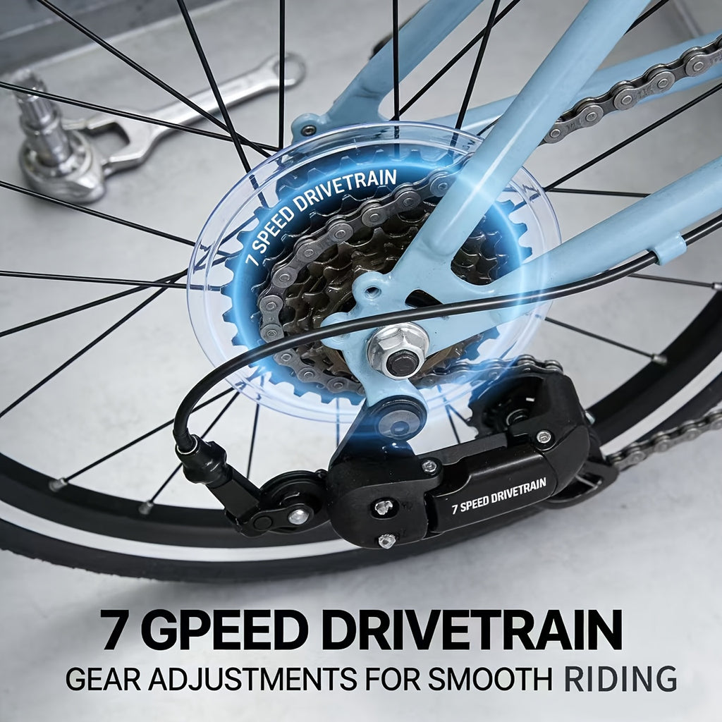 20-inch Folding Bicycle, 7-speed Lightweight Folding Bike, Urban Commuter Bicycle, V-brake Adjustable Handlebars, Unisex for Men\u002Fwomen, Available In Black, White, Blue, And Pink.