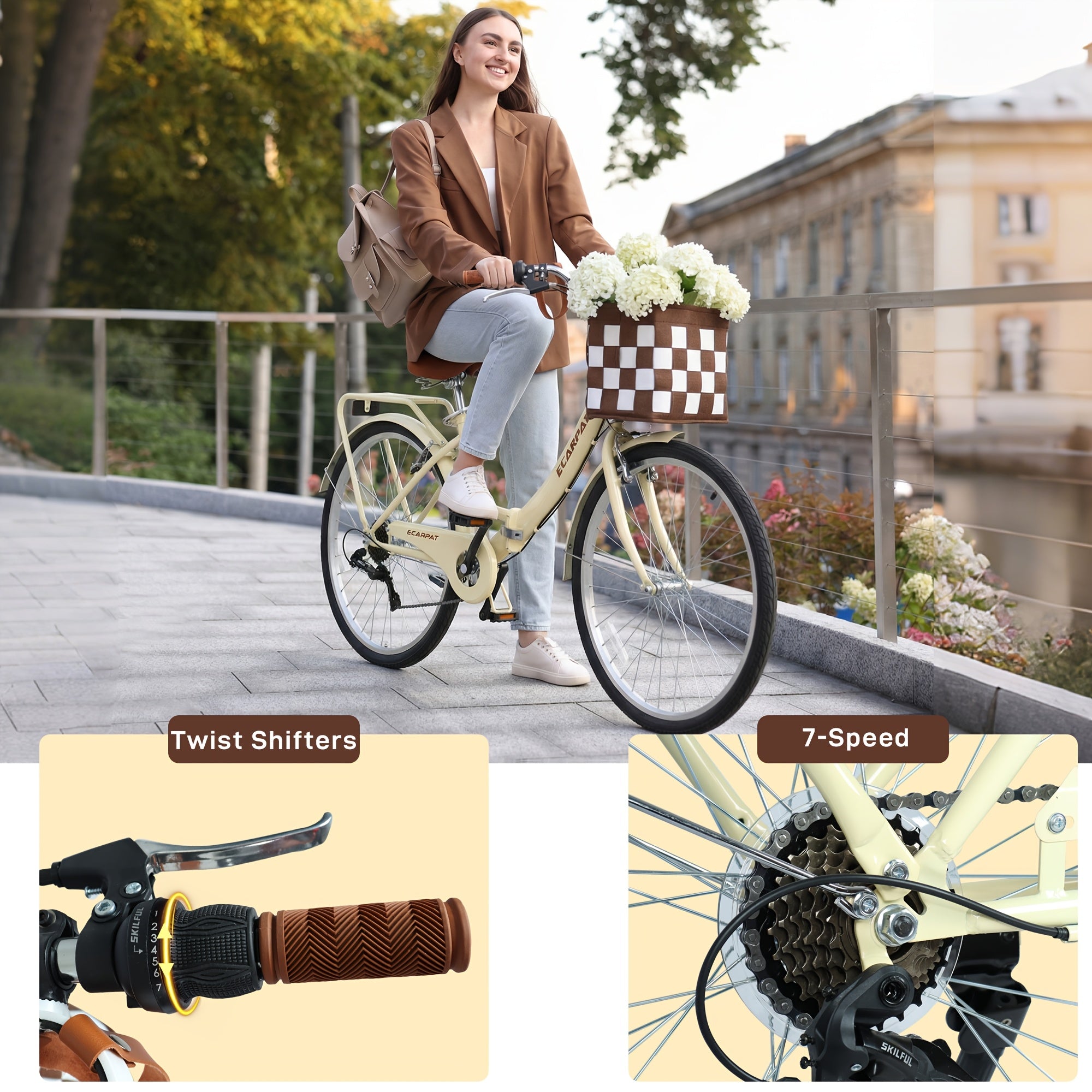 26 Inch Folding City Bike with 7 Speeds & Commuter-Ready Accessories Detachable Basket & Cup Holder, Steel Frame, Alloy Rims, V-Brakes Comfortable Ride for Urban Men & Women, Multiple Colors