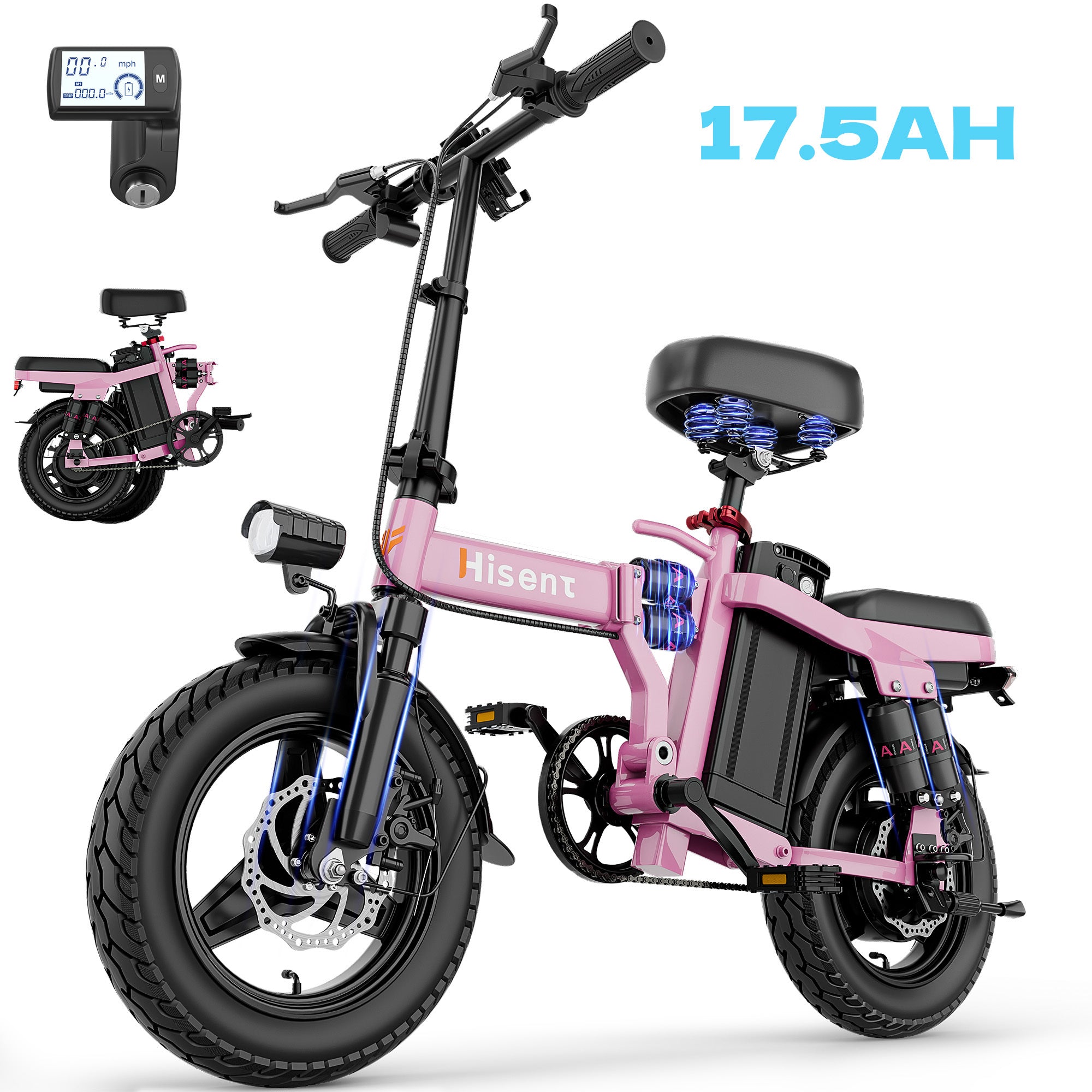 Hisent Folding Electric Bicycle, 500W Brushless Motor, Speed 16-19Mph, Dual Suspension System, Full Shock Absorption, Upgraded Steel Frame, 48V 10AH-17.5AH Battery(Optional), 15-35 Miles Range, 14-Inch High-Quality Tires, with Double Seats