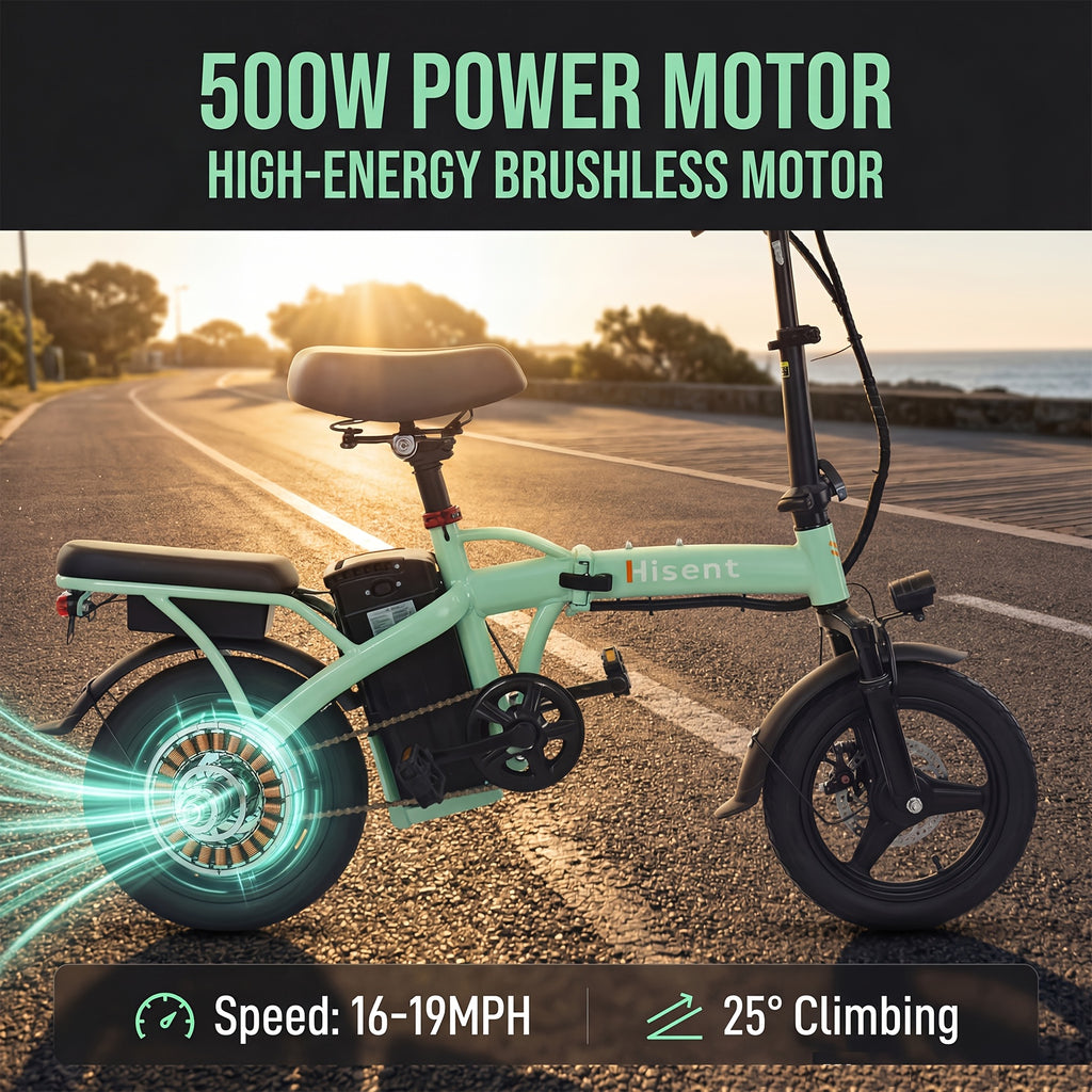 Hisent Folding Electric Bicycle | Dual Suspension System | Upgraded Steel Frame | 5-42 Mile Range (Optional | with Dual Seats, LED Headlight, and Disc Brakes, 14-inch Tires, 500W Rated Power, Speed 16-19 Mph)