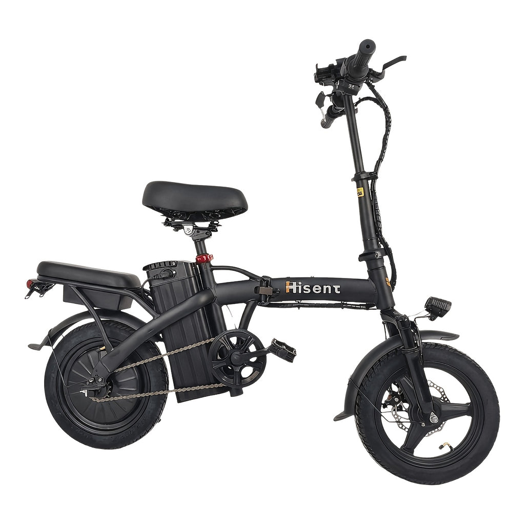 Hisent Folding Electric Bicycle | Dual Suspension System | Upgraded Steel Frame | 5-42 Mile Range (Optional | with Dual Seats, LED Headlight, and Disc Brakes, 14-inch Tires, 500W Rated Power, Speed 16-19 Mph)