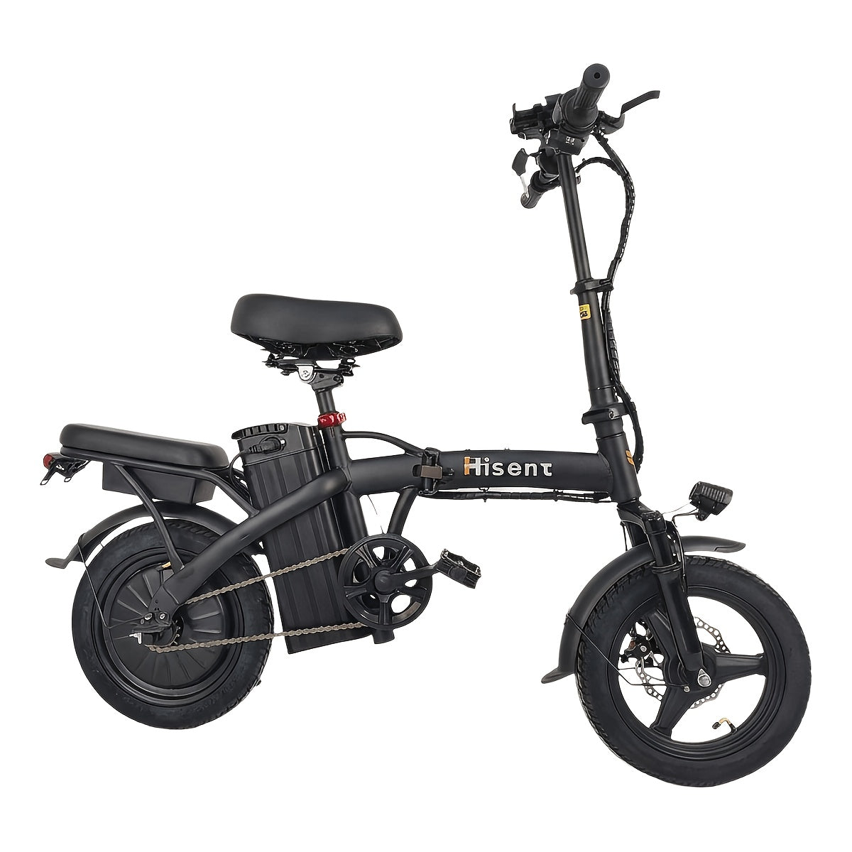 Hisent Folding Electric Bicycle | Dual Suspension System | Upgraded Steel Frame | 5-42 Mile Range (Optional | with Dual Seats, LED Headlight, and Disc Brakes, 14-inch Tires, 500W Rated Power, Speed 16-19 Mph)