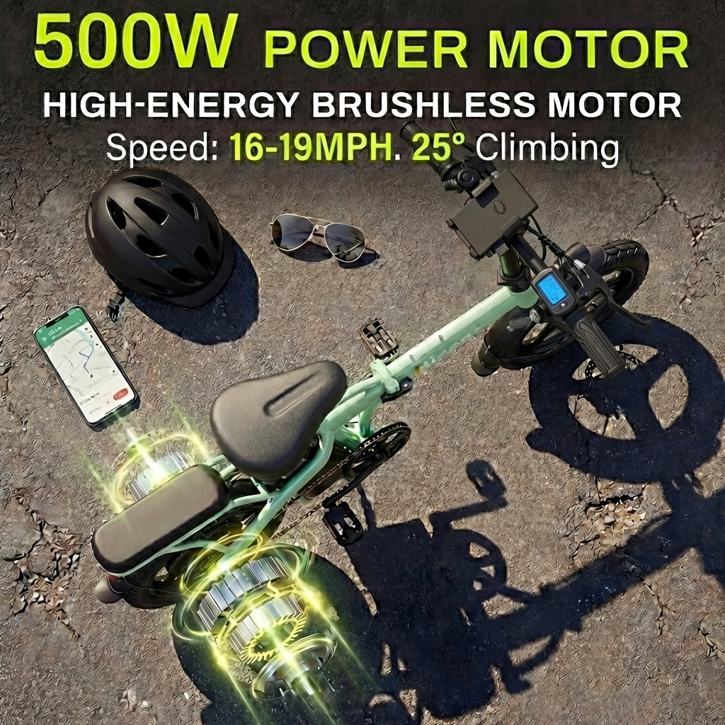 Hisent Folding Electric Bicycle | Dual Suspension System | Upgraded Steel Frame | 5-42 Mile Range (Optional | with Dual Seats, LED Headlight, and Disc Brakes, 14-inch Tires, 500W Rated Power, Speed 16-19 Mph)