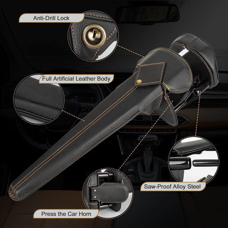 Vechkom Car Steering Wheel Lock Anti Theft Device Adjustable with 2 Keys - Leather Cover & Reinforced Steel Core Fits Vehicle Truck Van SUV Theft Deterrent Scratch-Resistant Tamper-Proof Design Black