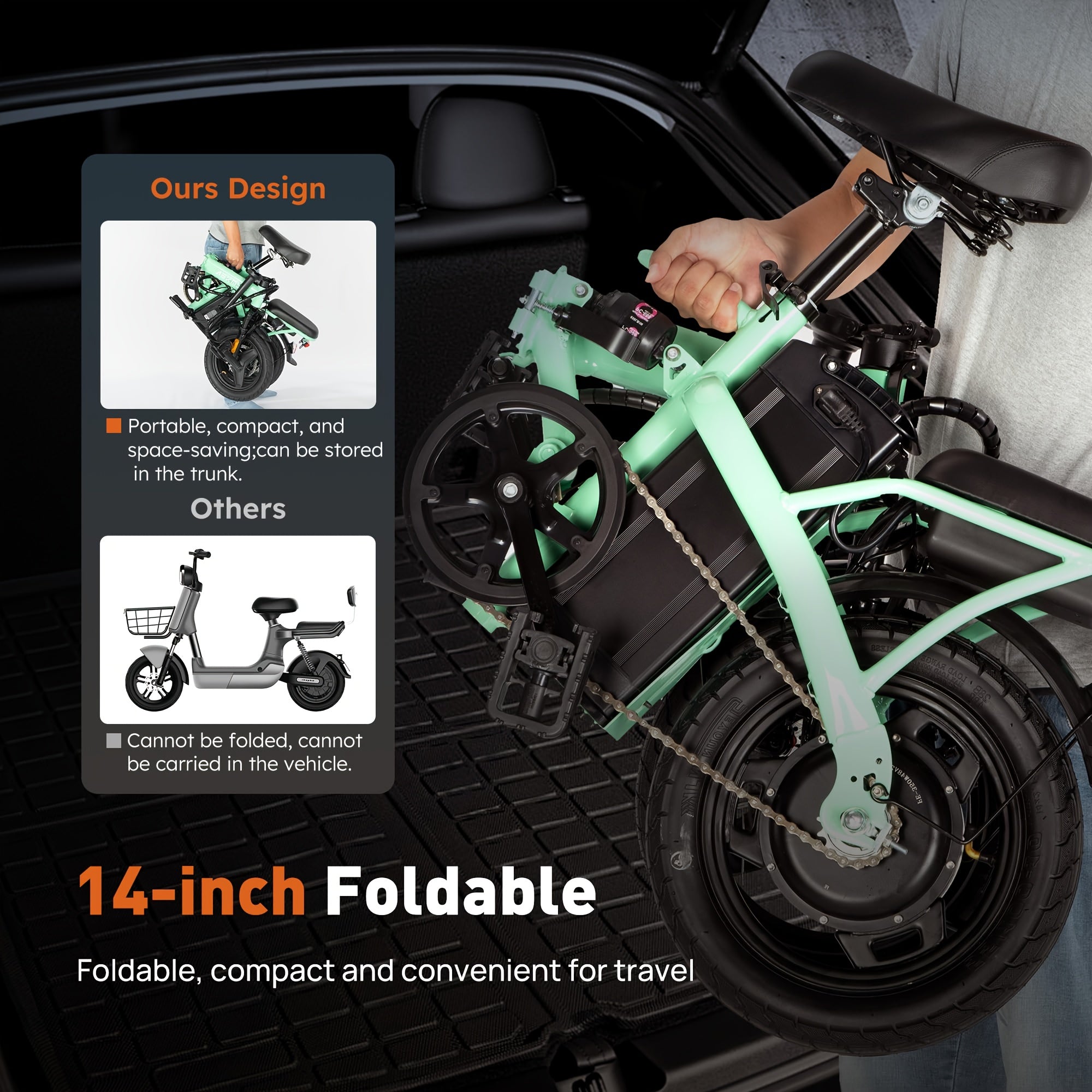 Green Compact Folding Electric Bike - Strong Motor, 48V 14-Inch Wheels, Ideal for Commuting, Lightweight, Durable Battery, Electric Bike, 14-Inch Electric Cycle, Portable Electric Cycle, Compact Electric Cycle