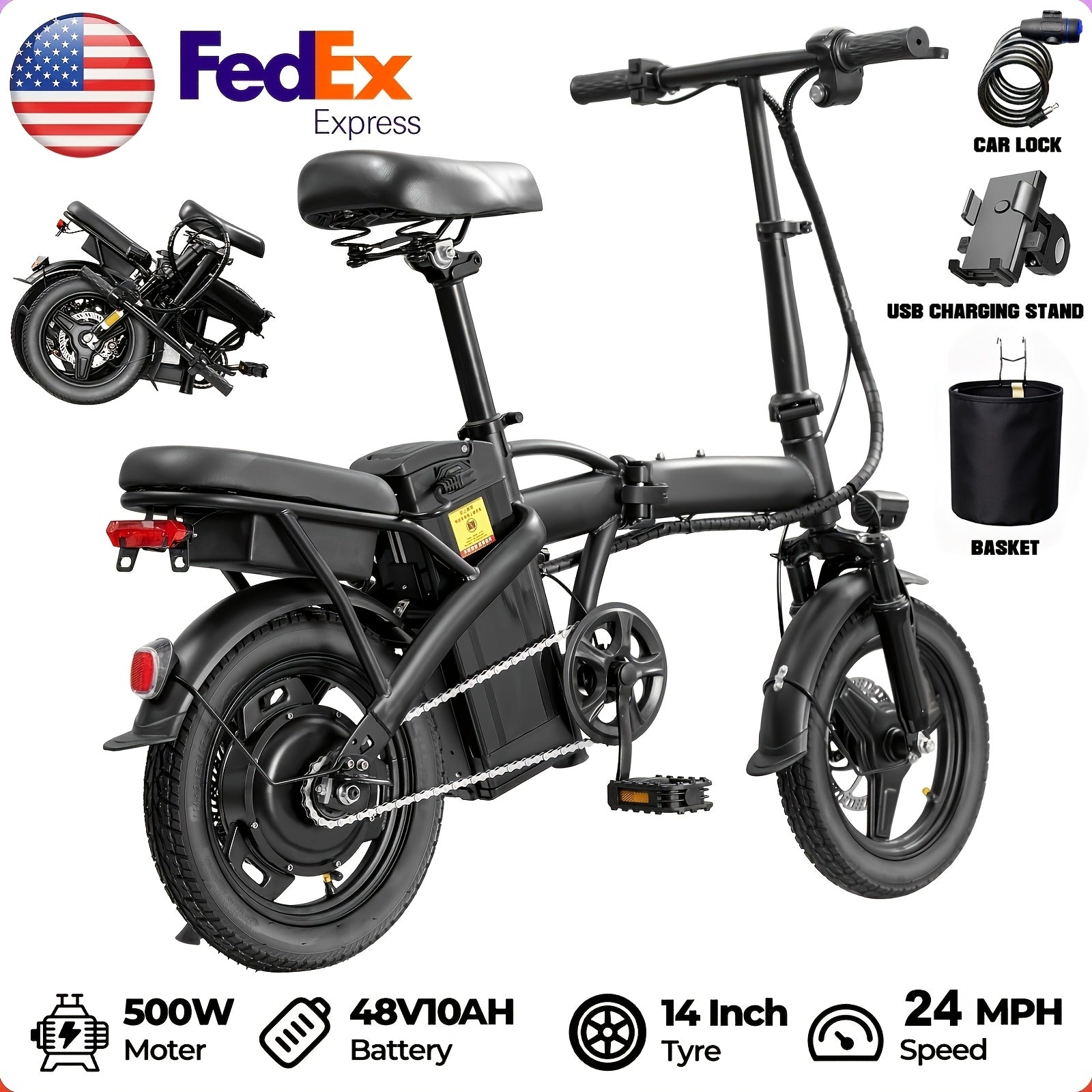 High Performance Adult Electric Bicycle, Portable Design Foldable Electric Bicycle, 500W Motor And 48V 10Ah Battery, 16-24 Mph Speed, Dual Disc Brakes, 14 Inch Electric Bicycle With Pedals, Suitable Gift For Teenagers