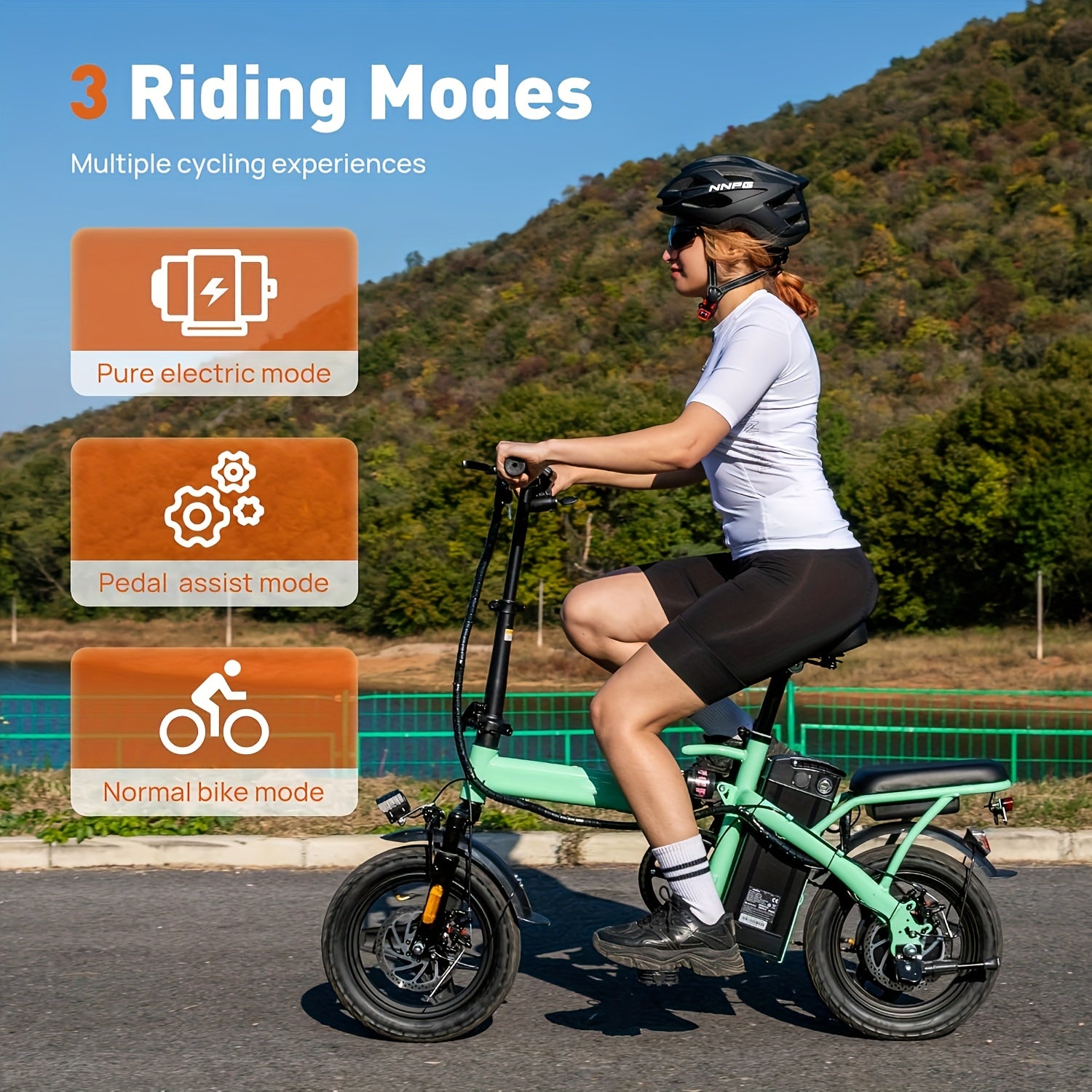 Green Compact Folding Electric Bike - Strong Motor, 48V 14-Inch Wheels, Ideal for Commuting, Lightweight, Durable Battery, Electric Bike, 14-Inch Electric Cycle, Portable Electric Cycle, Compact Electric Cycle