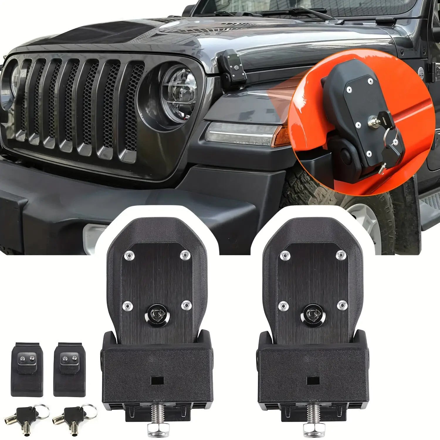 Two Aluminum Alloy Key Locks Designed for JEEP for Wrangler - Engine Hood Anti-Theft Safety Latch, Robust Metal Build, Stylish Black End, Improved Vehicle Security, Sleek Metallic Appearance, And Long-Lasting Metal Locks
