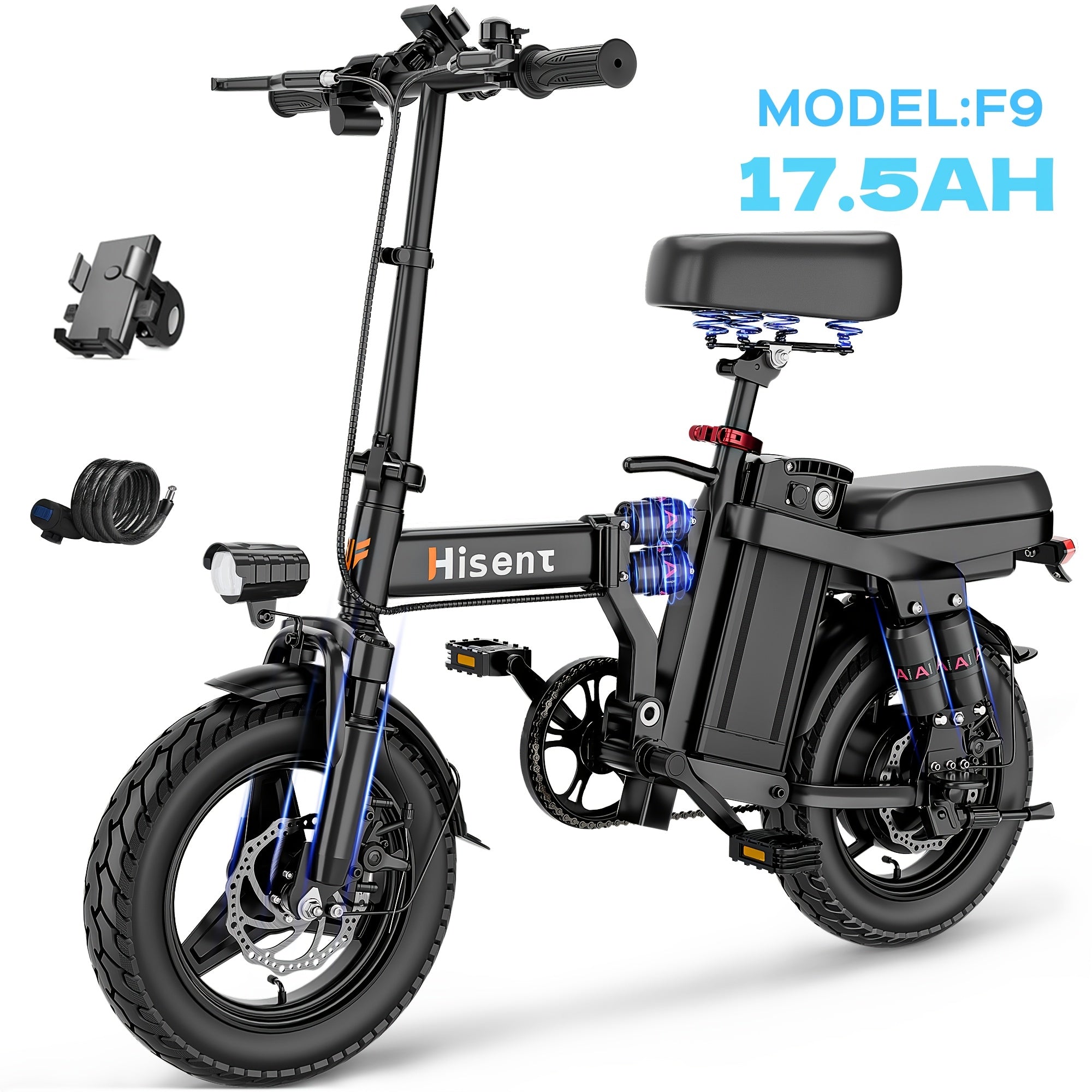 Hisent Folding Electric Bicycle | Dual Suspension System | Upgraded Steel Frame | 5-42 Mile Range (Optional | with Dual Seats, LED Headlight, and Disc Brakes, 14-inch Tires, 500W Rated Power, Speed 16-19 Mph)