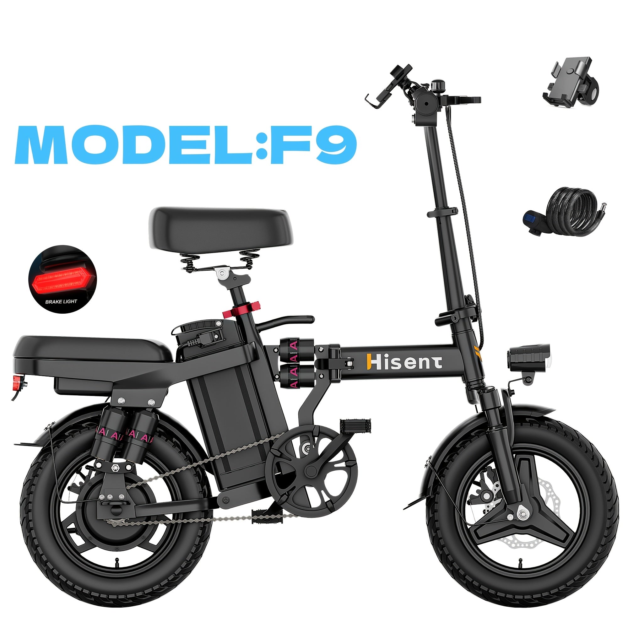 Hisent Folding Electric Bicycle | Dual Suspension System | Upgraded Steel Frame | 5-42 Mile Range (Optional | with Dual Seats, LED Headlight, and Disc Brakes, 14-inch Tires, 500W Rated Power, Speed 16-19 Mph)