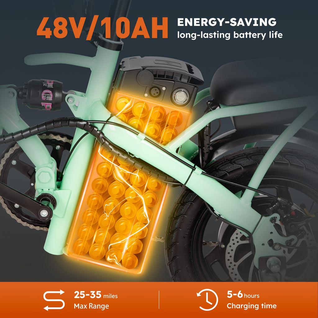Green Compact Folding Electric Bike - Strong Motor, 48V 14-Inch Wheels, Ideal for Commuting, Lightweight, Durable Battery, Electric Bike, 14-Inch Electric Cycle, Portable Electric Cycle, Compact Electric Cycle