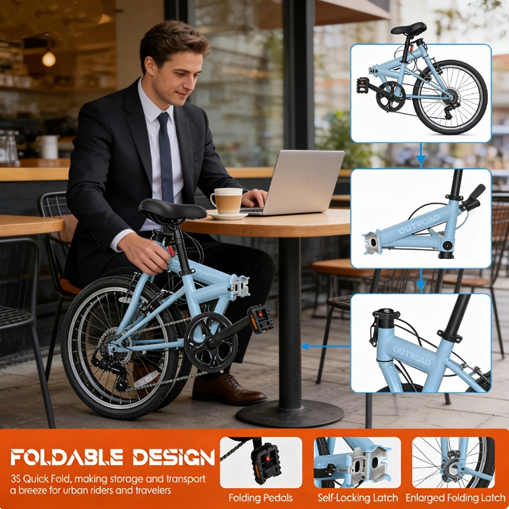 20-inch Folding Bicycle, 7-speed Lightweight Folding Bike, Urban Commuter Bicycle, V-brake Adjustable Handlebars, Unisex for Men\u002Fwomen, Available In Black, White, Blue, And Pink.