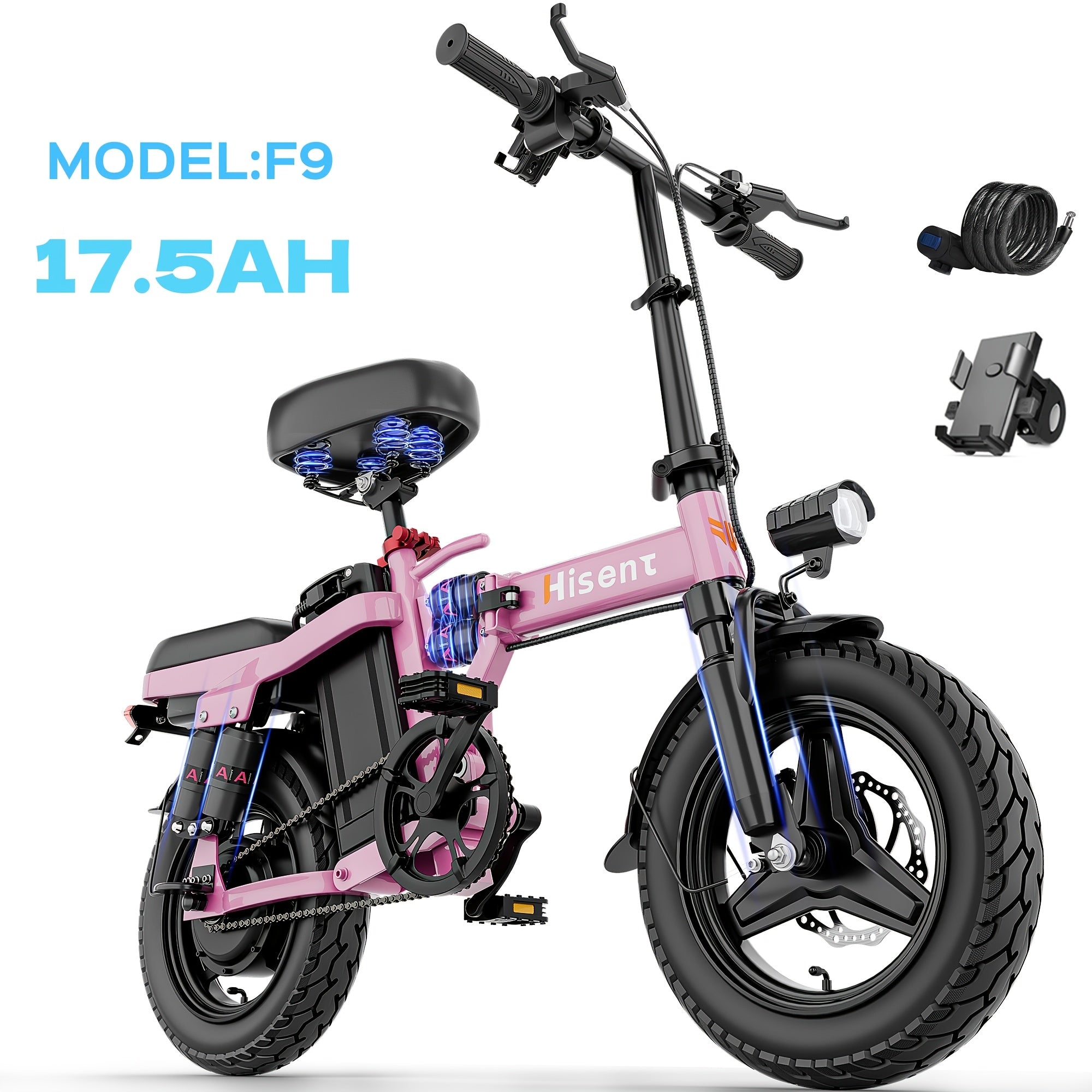 Hisent Folding Electric Bicycle | Dual Suspension System | Upgraded Steel Frame | 5-42 Mile Range (Optional | with Dual Seats, LED Headlight, and Disc Brakes, 14-inch Tires, 500W Rated Power, Speed 16-19 Mph)