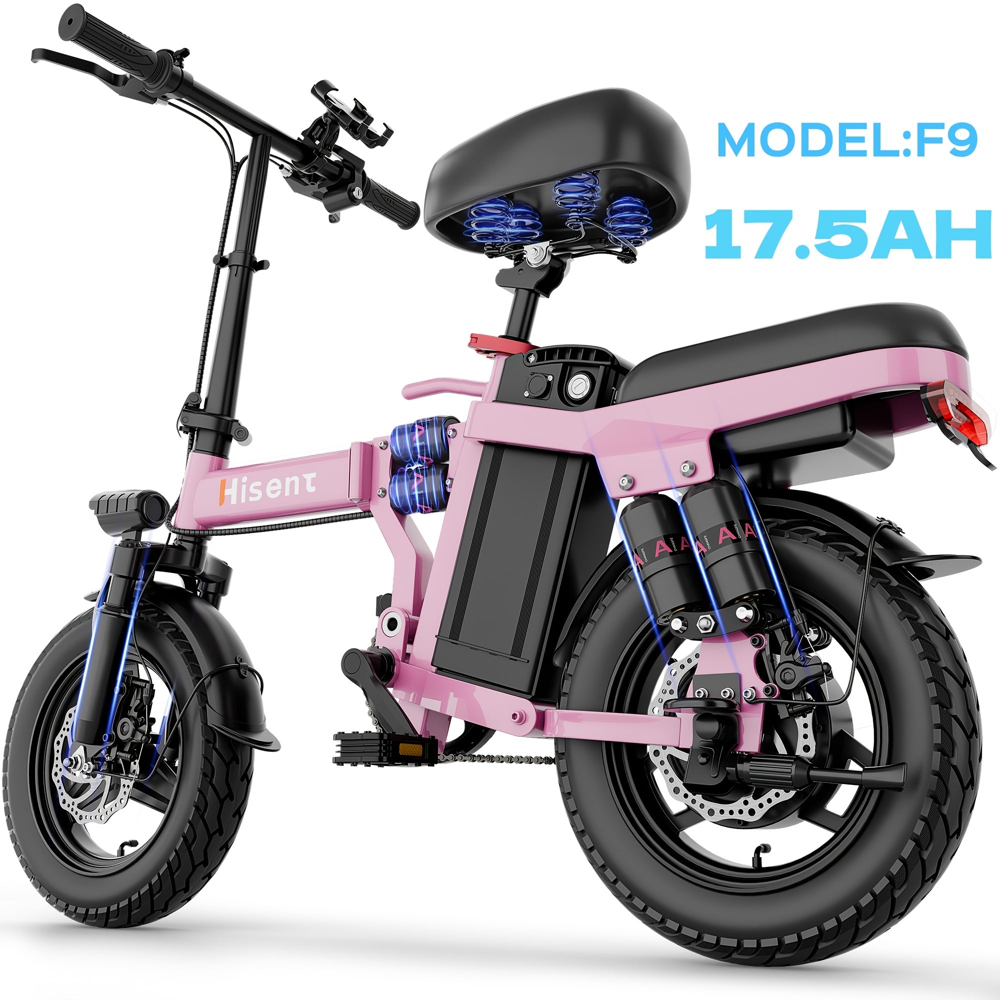 Hisent Folding Electric Bicycle | Dual Suspension System | Upgraded Steel Frame | 5-42 Mile Range (Optional | with Dual Seats, LED Headlight, and Disc Brakes, 14-inch Tires, 500W Rated Power, Speed 16-19 Mph)