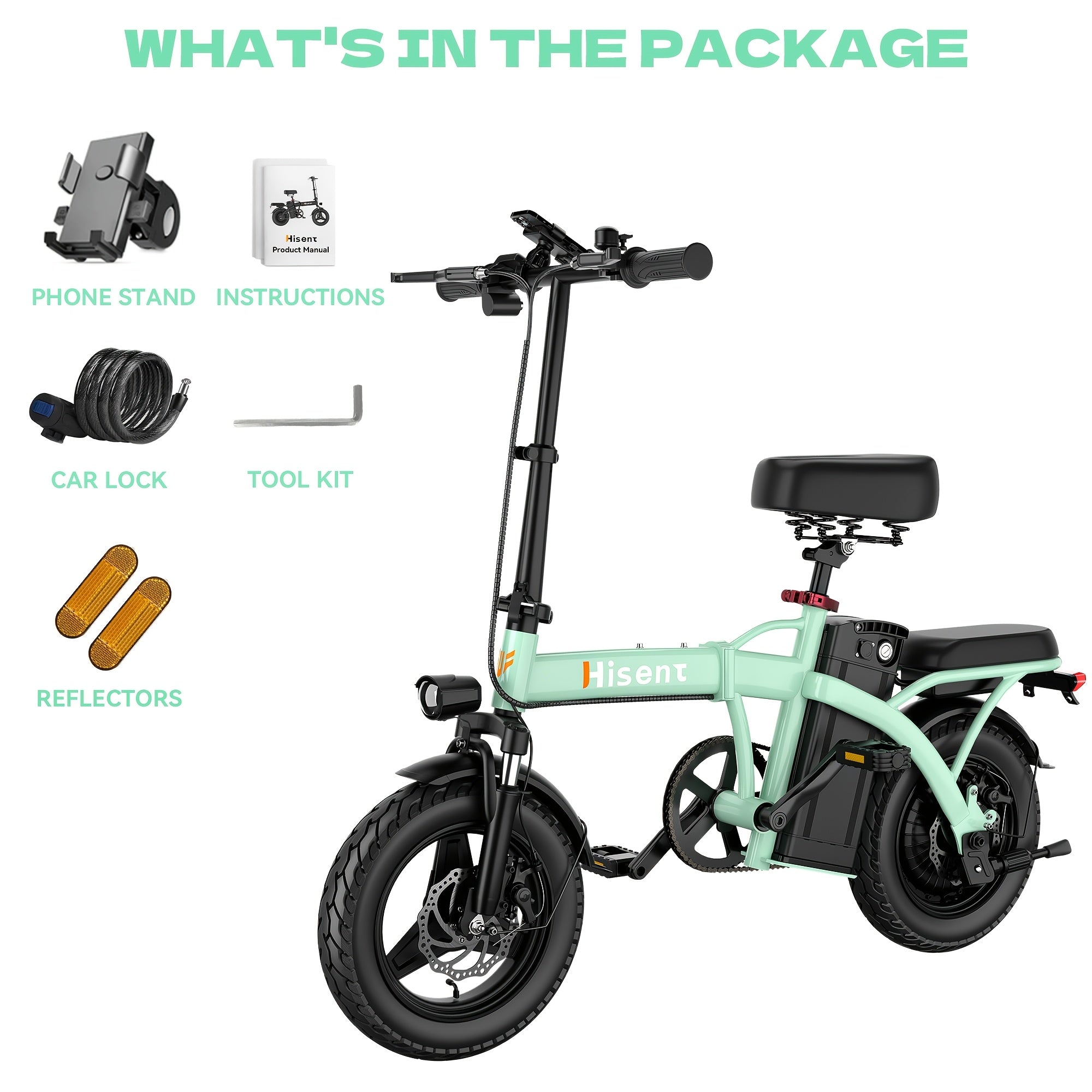 Hisent Folding Electric Bicycle | Dual Suspension System | Upgraded Steel Frame | 5-42 Mile Range (Optional | with Dual Seats, LED Headlight, and Disc Brakes, 14-inch Tires, 500W Rated Power, Speed 16-19 Mph)